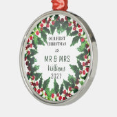 Onze eerste kerst als MR & MRS Wreath Rustic Metalen Ornament (Links)