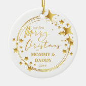 Onze eerste kerst als | Nieuwe Baby Photo Gold Sta Keramisch Ornament (Voorkant)