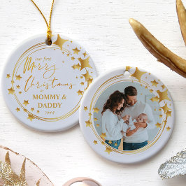 Onze eerste kerst als | Nieuwe Baby Photo Gold Sta Keramisch Ornament