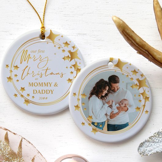 Onze eerste kerst als | Nieuwe Baby Photo Gold Sta Keramisch Ornament