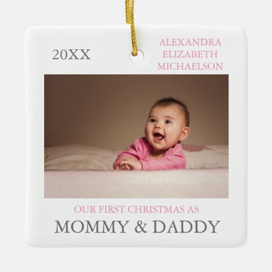 Onze eerste kerst als ouders keramisch ornament (Voorkant)