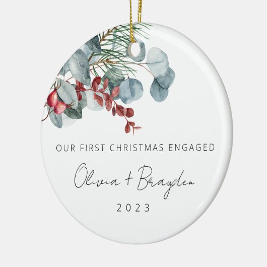 Onze eerste kerst als verloofde Eucalyptus Keramisch Ornament (Links)