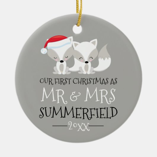 Onze eerste kerst Arctic Fox gepersonaliseerd Keramisch Ornament (Voorkant)