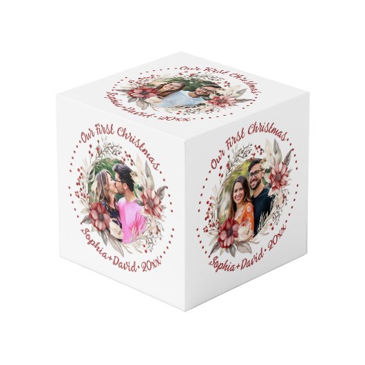 Onze eerste kerst bloemenbruiloft foto kubus (Voorkant hoekig)