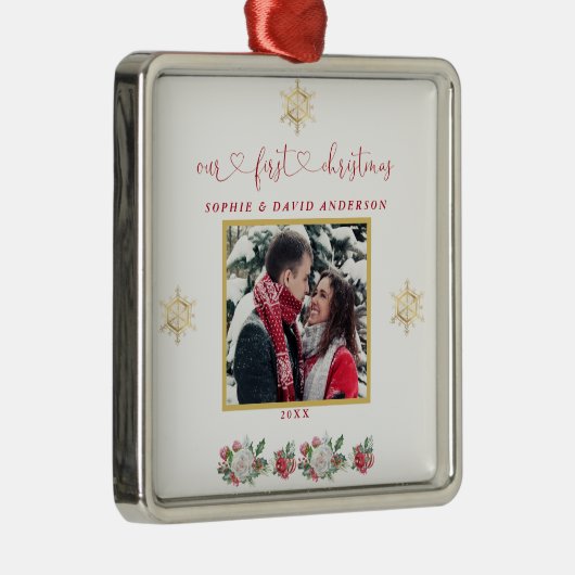 Onze Eerste Kerst Bloemrijke Sneeuwvlok Foto Bruil Metalen Ornament (Rechts)