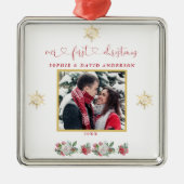 Onze Eerste Kerst Bloemrijke Sneeuwvlok Foto Bruil Metalen Ornament (Voorkant)