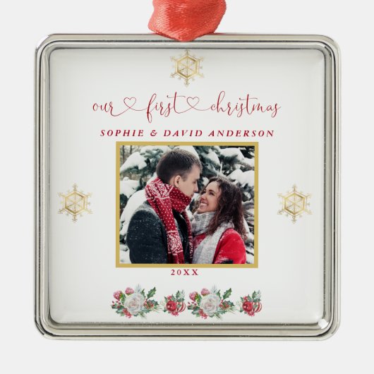 Onze Eerste Kerst Bloemrijke Sneeuwvlok Foto Bruil Metalen Ornament (Voorkant)