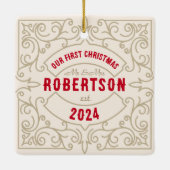 onze eerste kerst bruiloft getrouwde naam keramisch ornament (Achterkant)