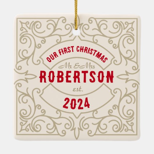  onze eerste kerst bruiloft getrouwde naam keramisch ornament (Achterkant)