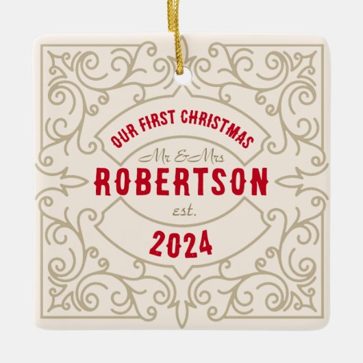 onze eerste kerst bruiloft getrouwde naam keramisch ornament (Voorkant)