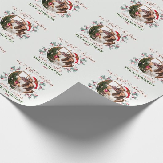 Onze Eerste Kerst Calligrafie Vakantie Foto Cadeaupapier (Hoek)