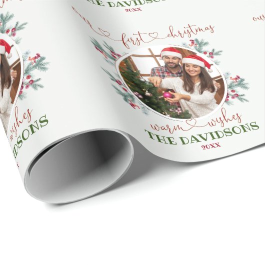 Onze Eerste Kerst Calligrafie Vakantie Foto Cadeaupapier (Rol Hoek)