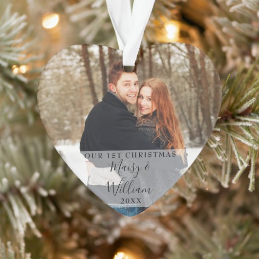 Onze Eerste Kerst Couple Foto's Script Hart Ornament (Boom)