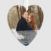 Onze Eerste Kerst Couple Foto's Script Hart Ornament (voorkant)