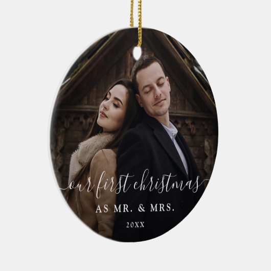 Onze eerste kerst | Cute Rustic Script and Photo Keramisch Ornament (Rechts)