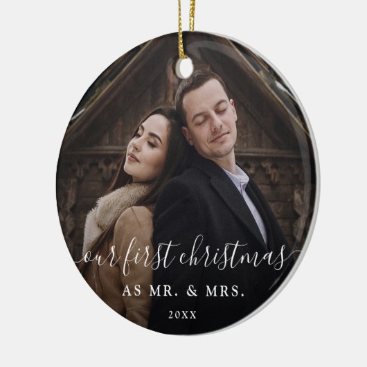 Onze eerste kerst | Cute Rustic Script and Photo Keramisch Ornament (Links)