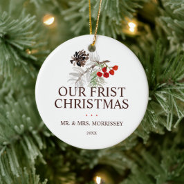 Onze Eerste Kerst Dennenappel Bessen Foto Keramisch Ornament