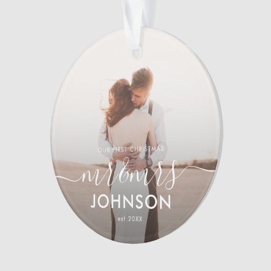 Onze eerste Kerst Elegant Script Mr en Mrs Ornament (voorkant)