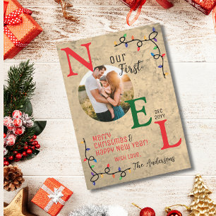 Onze eerste kerst Feestelijke 1e Noel familie foto Feestdagenkaart