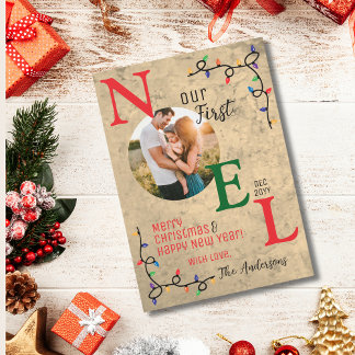 Onze eerste kerst Feestelijke 1e Noel familie foto Feestdagenkaart