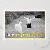 Onze eerste kerst foto goud folie feestdagenkaart (Voorkant)