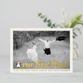 Onze eerste kerst foto goud folie feestdagenkaart (Staand Voorkant)