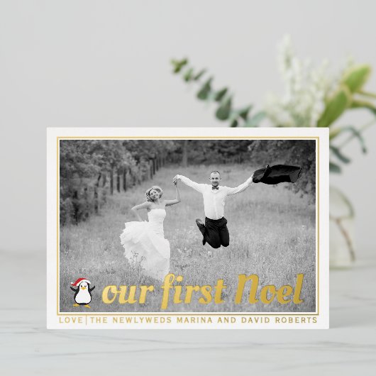 Onze eerste kerst foto goud folie feestdagenkaart (Staand Voorkant)