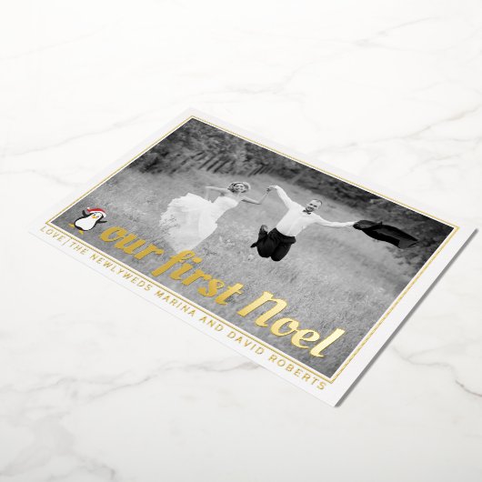 Onze eerste kerst foto goud folie feestdagenkaart (Gedraaid)