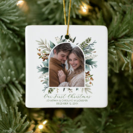 Onze eerste kerst gedroogde botanische foto keramisch ornament