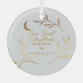Onze eerste kerst gehuwd botanisch script glas ornament (Voorkant)
