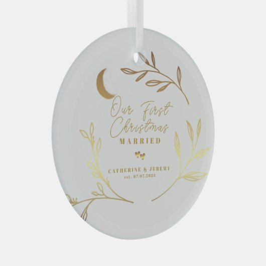 Onze eerste kerst gehuwd botanisch script glas ornament (Voorkant Rechts)