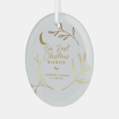 Onze eerste kerst gehuwd botanisch script glas ornament (Voorkant links)