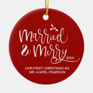 Onze eerste kerst, gehuwd, Merry, Red, Foto Keramisch Ornament