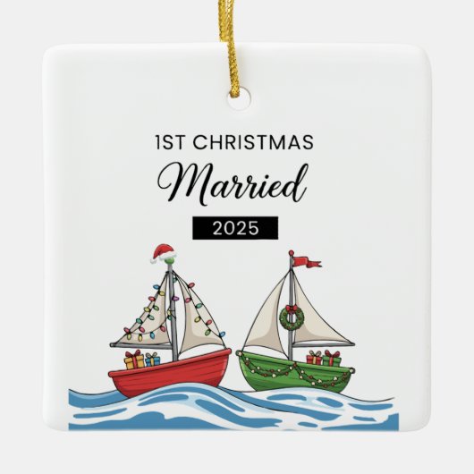 Onze eerste kerst getrouwd 2025 | Schattige nautis Keramisch Ornament (Voorkant)