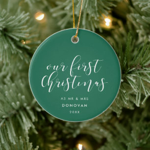 Onze eerste kerst getrouwd Elegant Groen Keramisch Ornament
