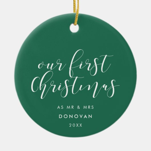 Onze eerste kerst getrouwd Elegant Groen Keramisch Ornament (Voorkant)