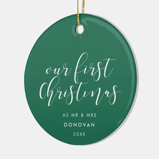 Onze eerste kerst getrouwd Elegant Groen Keramisch Ornament (Links)