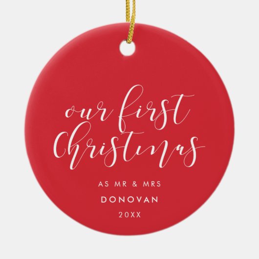 Onze eerste kerst getrouwd Elegant Rood Keramisch Ornament (Voorkant)