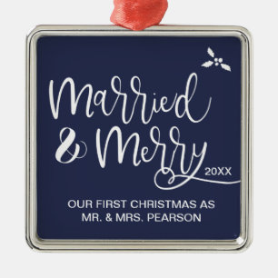 Onze eerste kerst, getrouwd en vrolijk metalen ornament