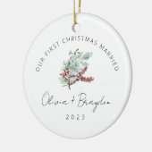 Onze eerste kerst getrouwd eucalyptus foto keramisch ornament (Links)