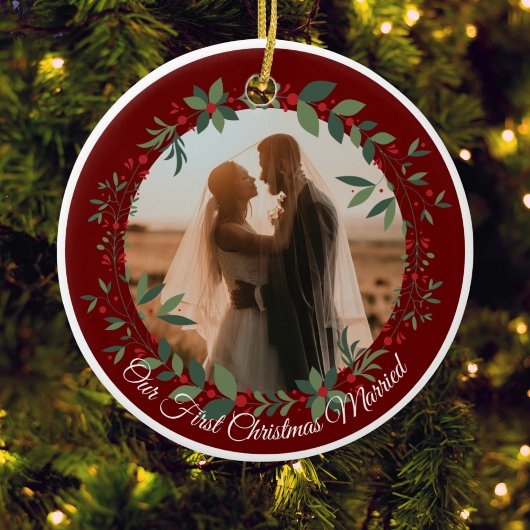 Onze eerste kerst getrouwd foto kerstboom keramisch ornament