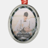 Onze eerste kerst getrouwd foto Plaid Tartan Metalen Ornament (Links)