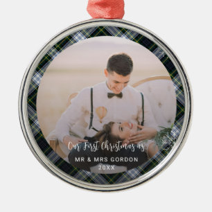 Onze eerste kerst getrouwd foto Plaid Tartan Metalen Ornament