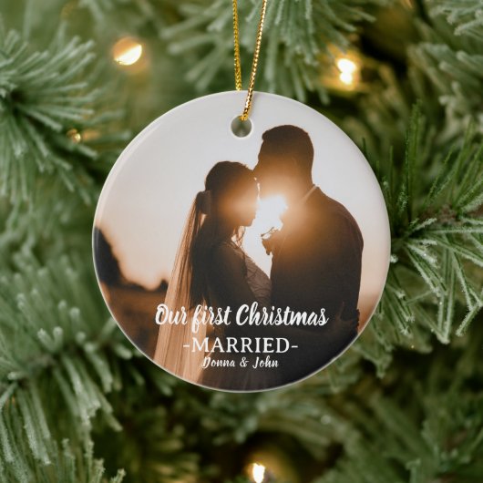 Onze eerste kerst getrouwd grillige script foto keramisch ornament (Boom)