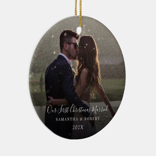 Onze eerste kerst getrouwd Keepsake foto Keramisch Ornament (Rechts)