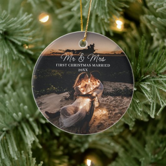 Onze eerste kerst getrouwd Mr. & Mrs. Paar Foto Keramisch Ornament (Boom)