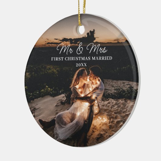Onze eerste kerst getrouwd Mr. & Mrs. Paar Foto Keramisch Ornament (Links)