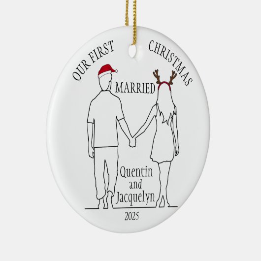 Onze eerste kerst getrouwd Santa Hat & Antlers Keramisch Ornament (Rechts)