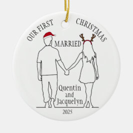 Onze eerste kerst getrouwd Santa Hat & Antlers Keramisch Ornament
