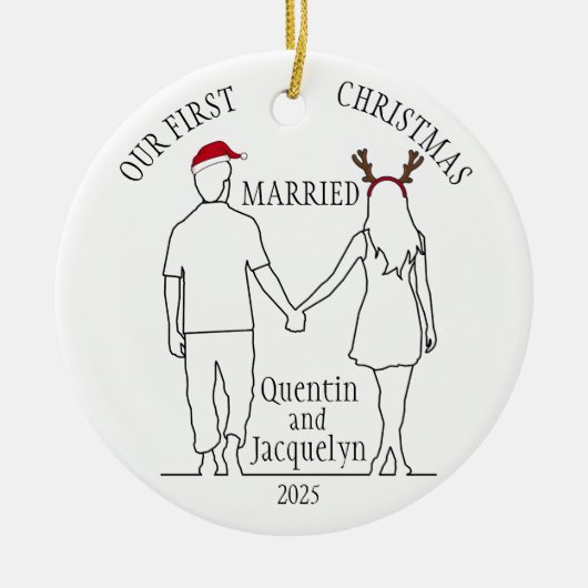 Onze eerste kerst getrouwd Santa Hat & Antlers Keramisch Ornament (Voorkant)